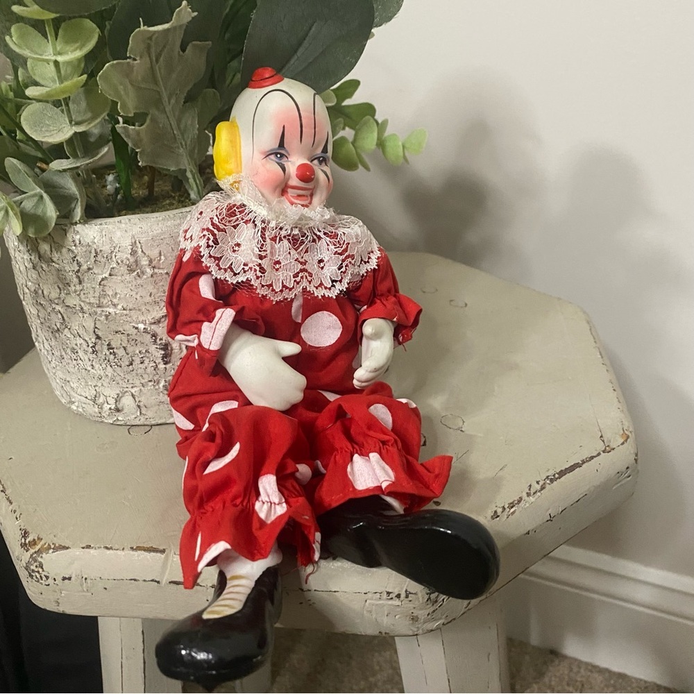 Vintage 80s Red & White Polka Dot Porcelain Clown Figurine